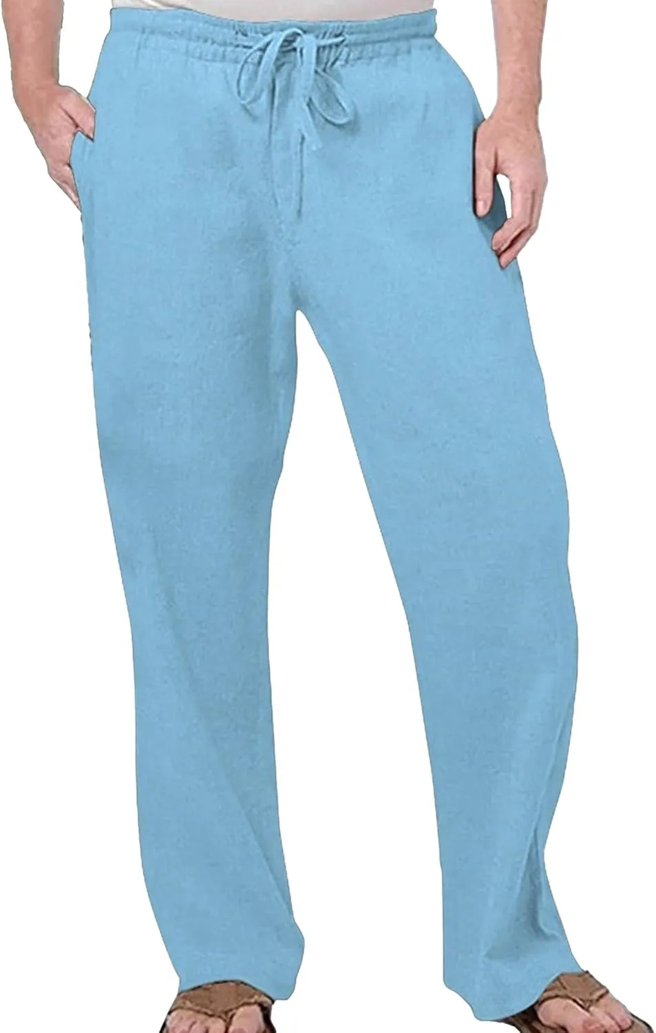 Men's Elatic Waist Baggy Summer Pants Solid Casual Linen Beach Trouser Drawstring Straight Leg Pants
