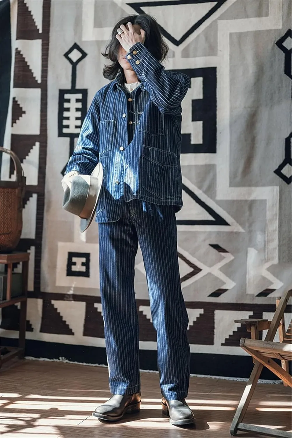Mens Jacket Vintage Stripe Denim Coat