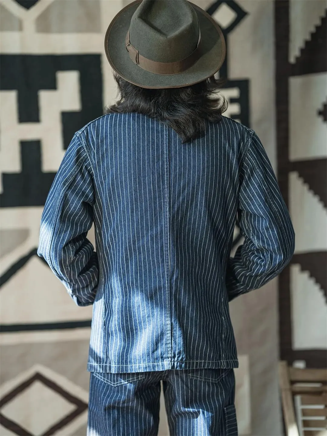 Mens Jacket Vintage Stripe Denim Coat