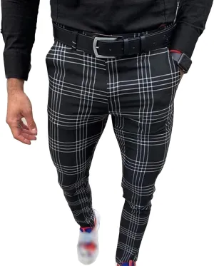 Men's Plaid Print Casual Pants Trousers Stretch Tapered Pants with Pocket Slim Fit Chinos Pants Dress Pants