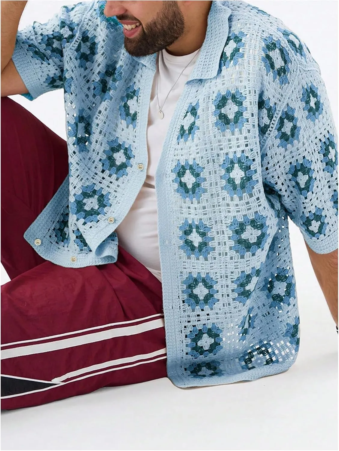 Men's Plus Size Floral Hollow Out Crochet Half Sleeve Cardigans Sweaters Button Down Collared Neck Knitwear