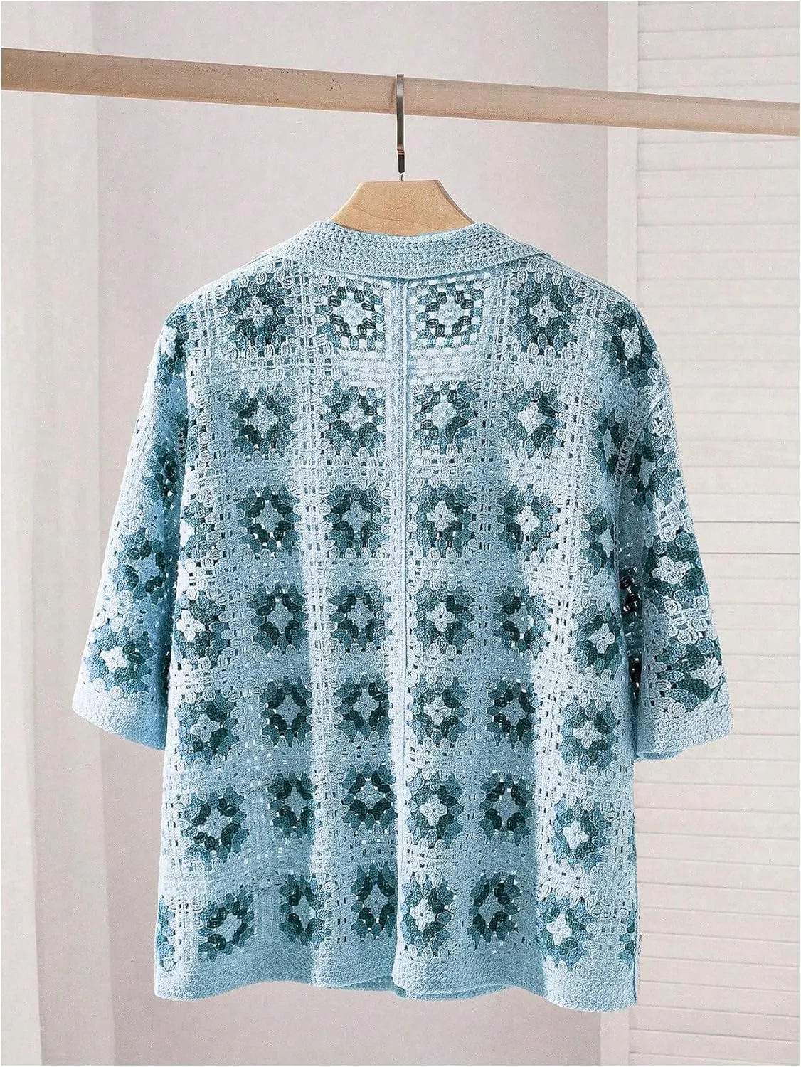 Men's Plus Size Floral Hollow Out Crochet Half Sleeve Cardigans Sweaters Button Down Collared Neck Knitwear