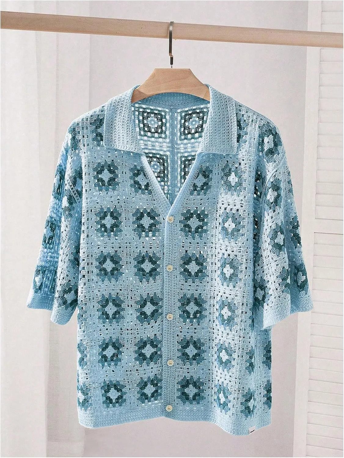 Men's Plus Size Floral Hollow Out Crochet Half Sleeve Cardigans Sweaters Button Down Collared Neck Knitwear