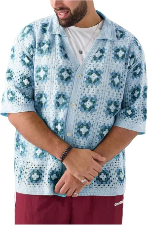 Men's Plus Size Floral Hollow Out Crochet Half Sleeve Cardigans Sweaters Button Down Collared Neck Knitwear