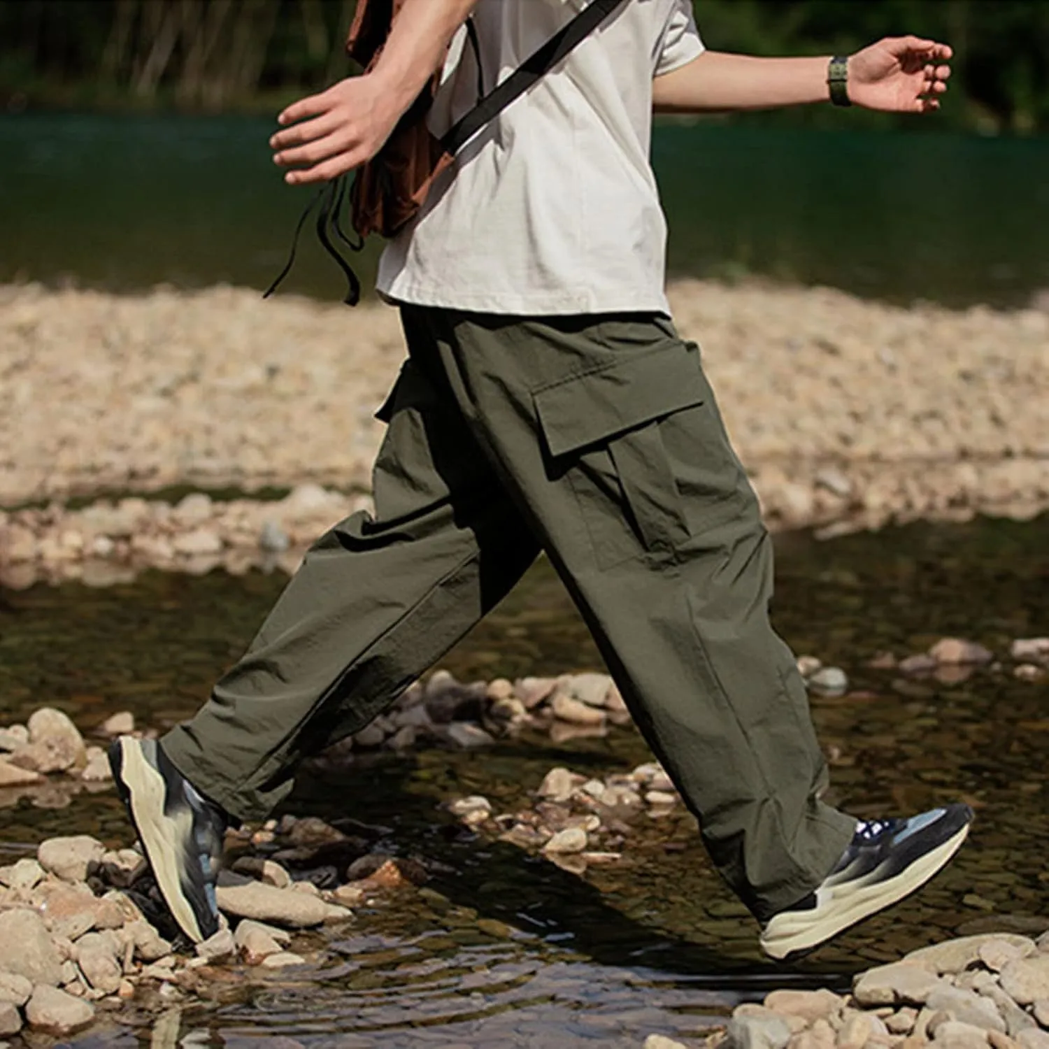 Mens Plus Size Lightweight Cargo Pants Military Combat Hiking Trouser Drawstring Multi Pockets Solid Color Versatile Overalls