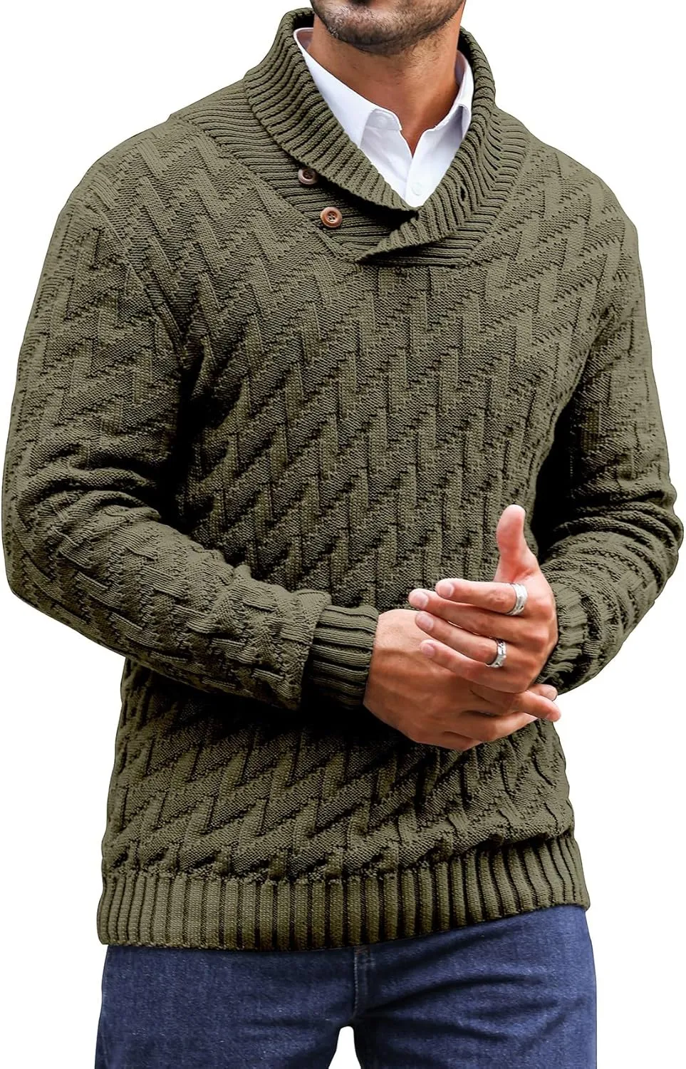 Men's Shawl Collar Pullover Sweater Casual Cable Knit Button Sweaters Tops for Winter (S-5XL)