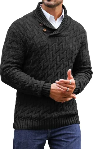 Men's Shawl Collar Pullover Sweater Casual Cable Knit Button Sweaters Tops for Winter (S-5XL)