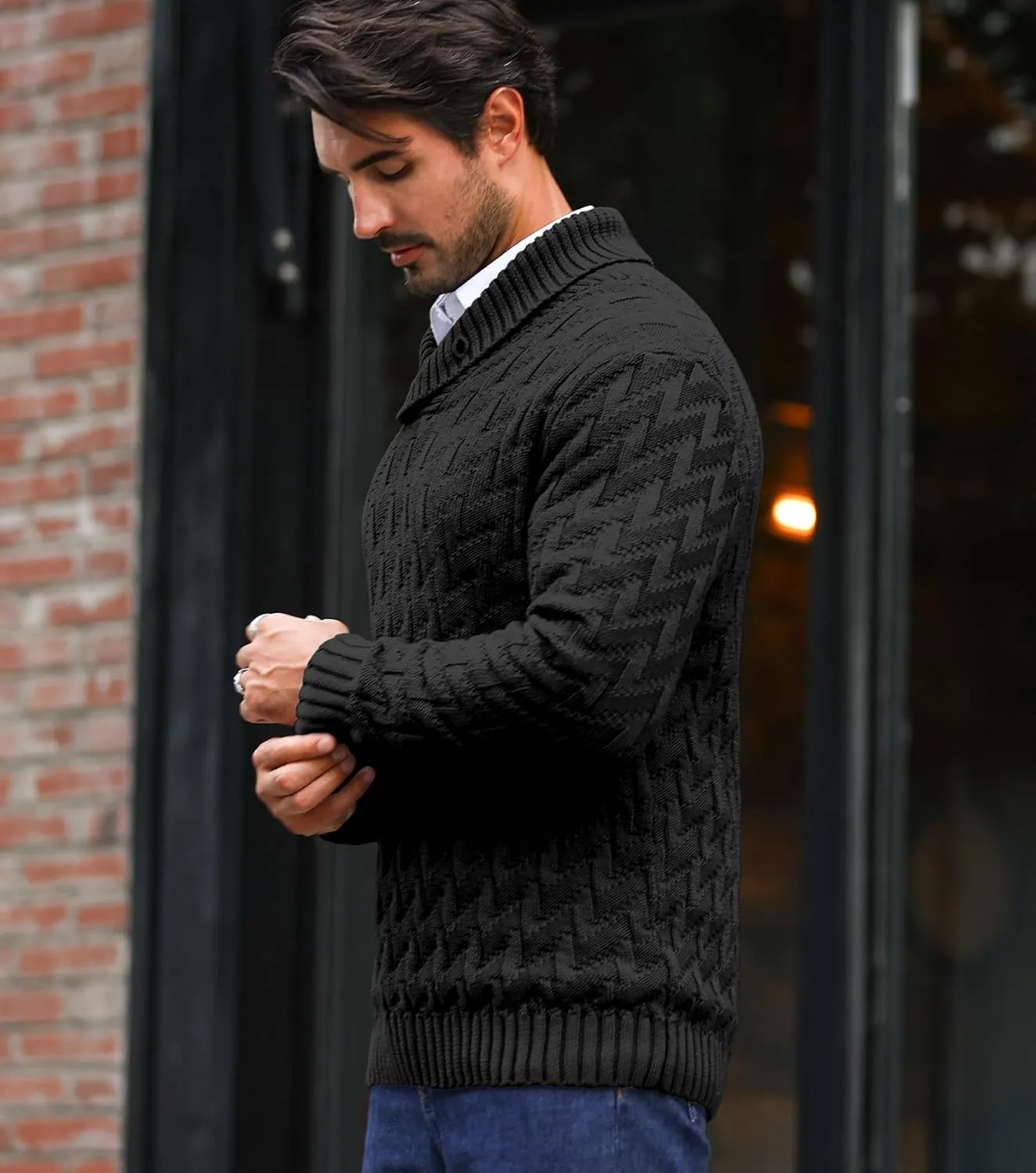 Men's Shawl Collar Pullover Sweater Casual Cable Knit Button Sweaters Tops for Winter (S-5XL)