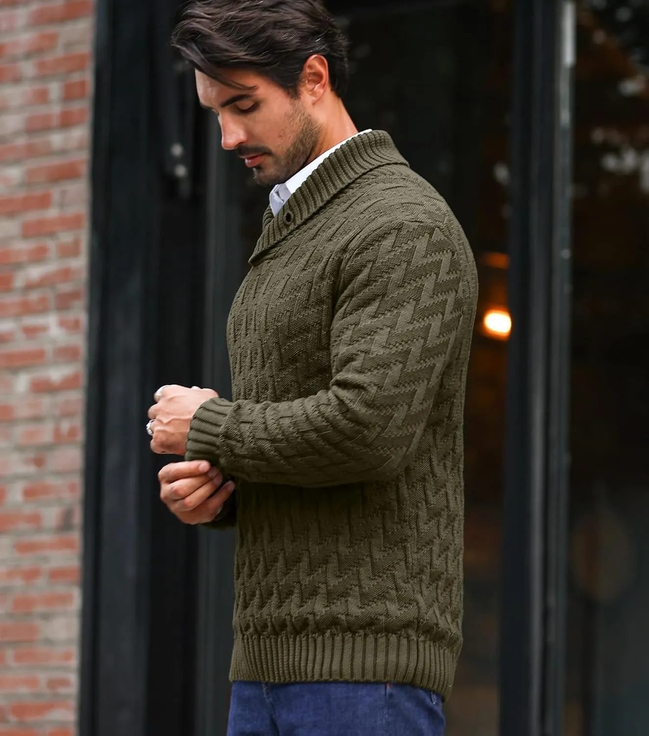 Men's Shawl Collar Pullover Sweater Casual Cable Knit Button Sweaters Tops for Winter (S-5XL)