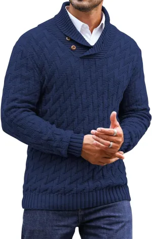 Men's Shawl Collar Pullover Sweater Casual Cable Knit Button Sweaters Tops for Winter (S-5XL)