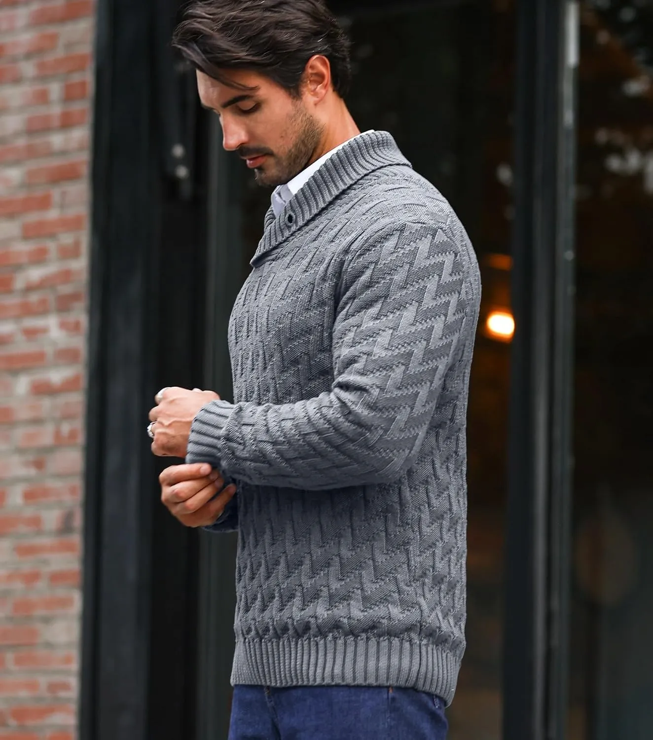 Men's Shawl Collar Pullover Sweater Casual Cable Knit Button Sweaters Tops for Winter (S-5XL)