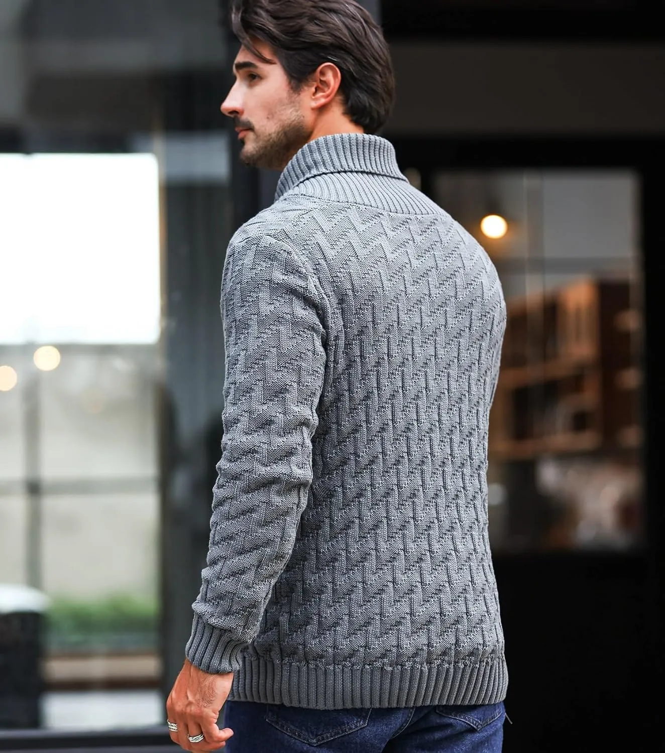 Men's Shawl Collar Pullover Sweater Casual Cable Knit Button Sweaters Tops for Winter (S-5XL)