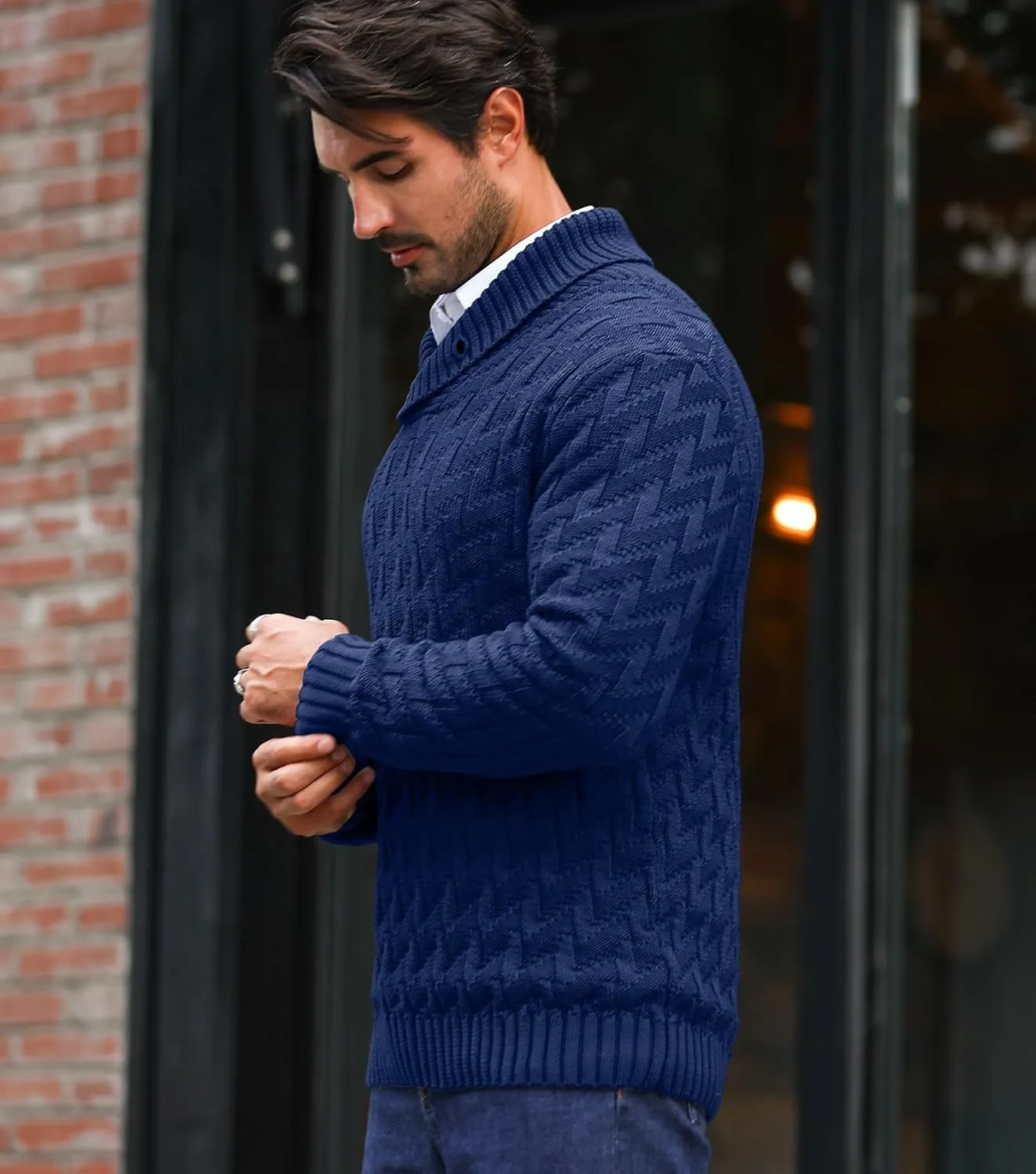 Men's Shawl Collar Pullover Sweater Casual Cable Knit Button Sweaters Tops for Winter (S-5XL)