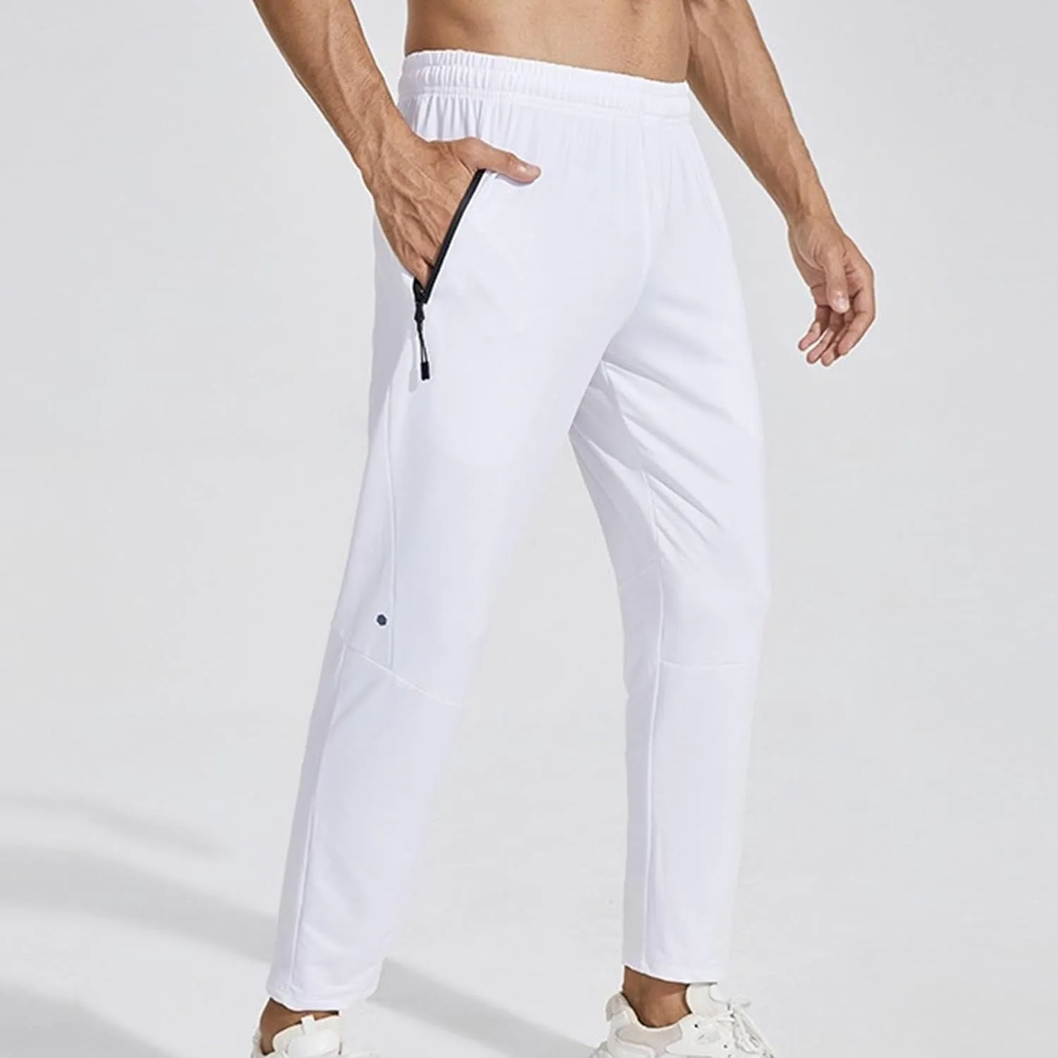 Men's Stretch Baggy Workout Athletic Pants Solid Straight Outdoor Trousers Elastic Waist Pants with Zipper Pockets