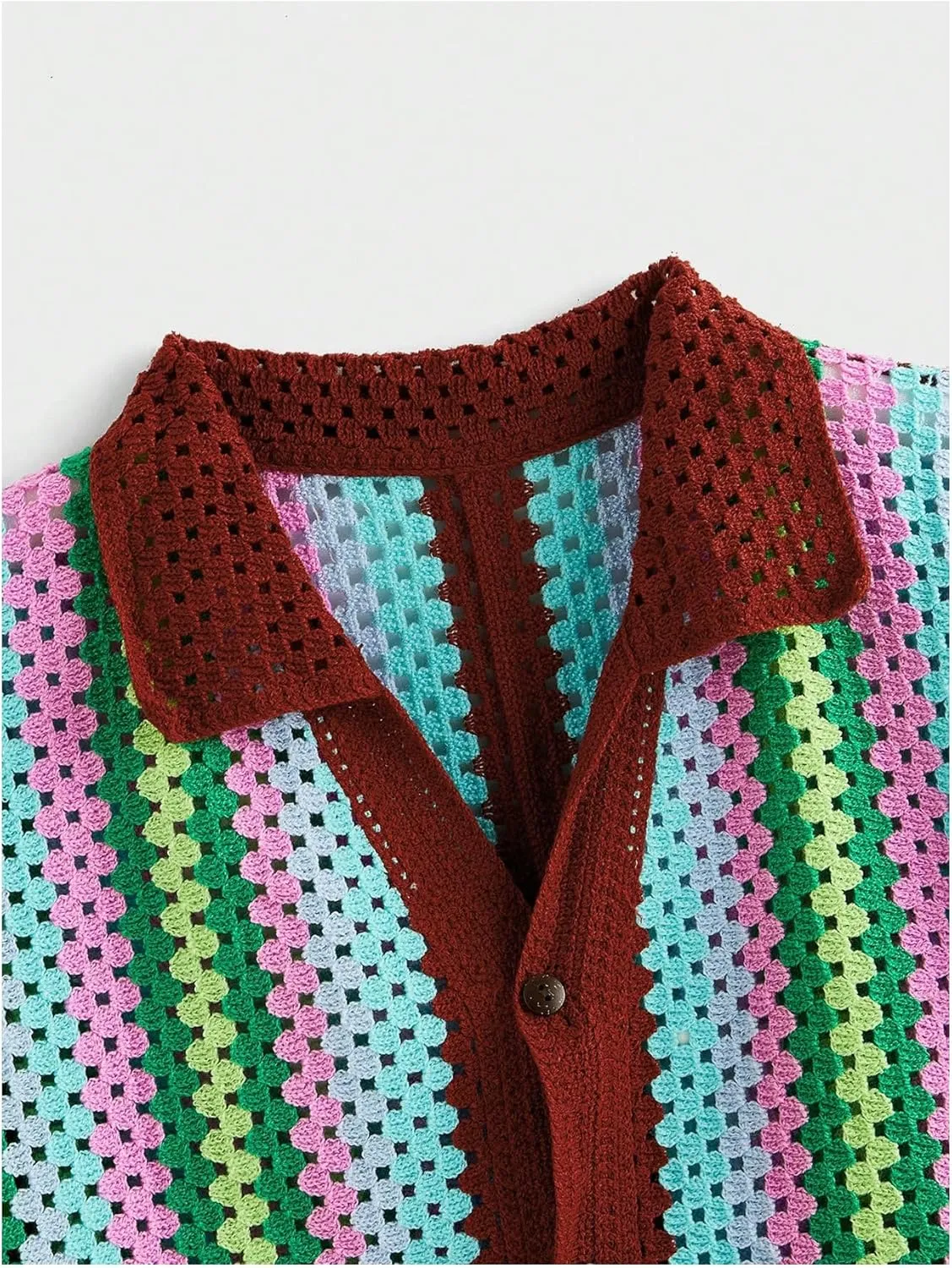Men's Striped Knit Shirts Short Sleeve Button Down Shirt Crochet Hollow Out Summer Beach Top Vintage Vacation Wear