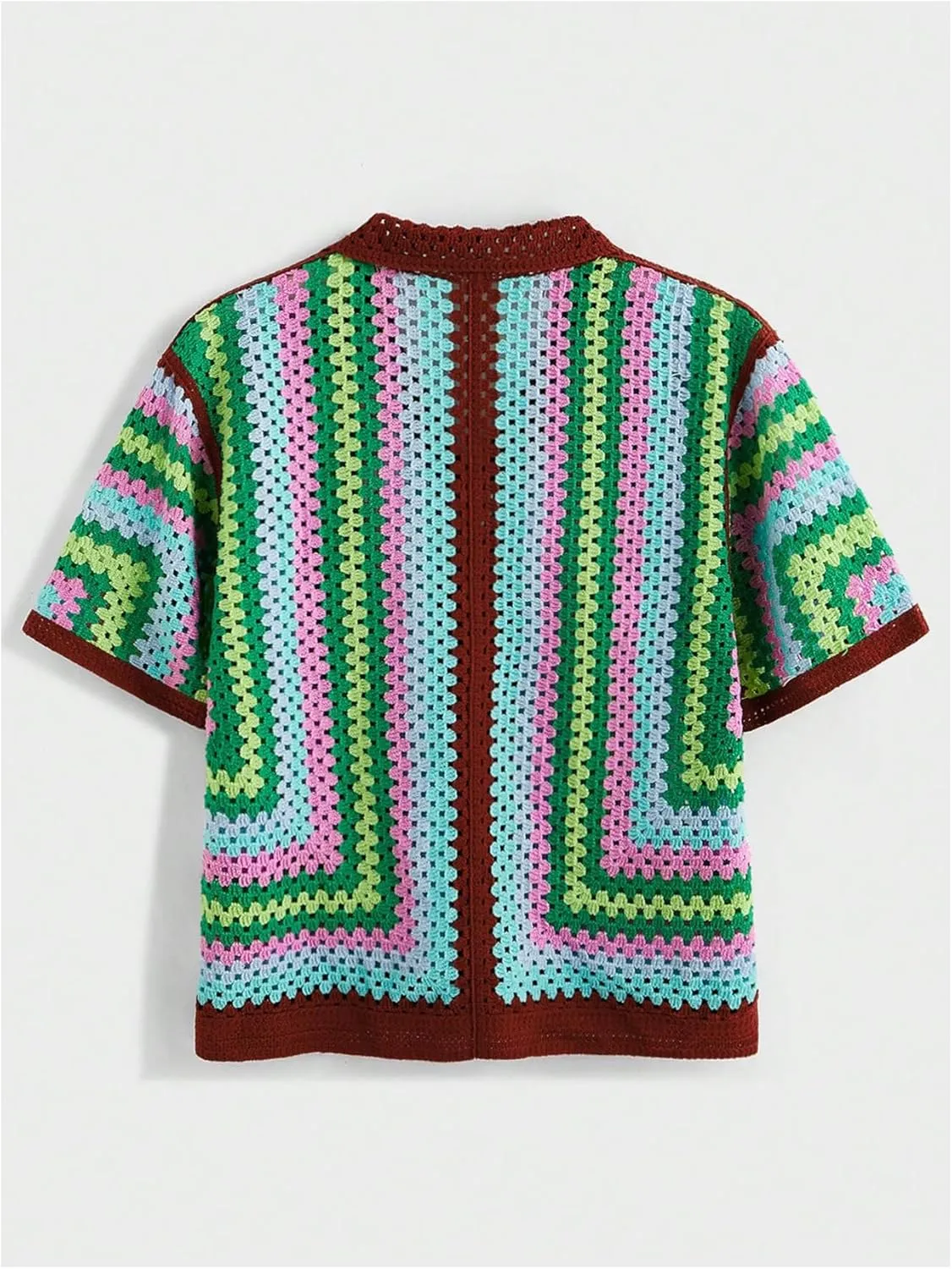 Men's Striped Knit Shirts Short Sleeve Button Down Shirt Crochet Hollow Out Summer Beach Top Vintage Vacation Wear