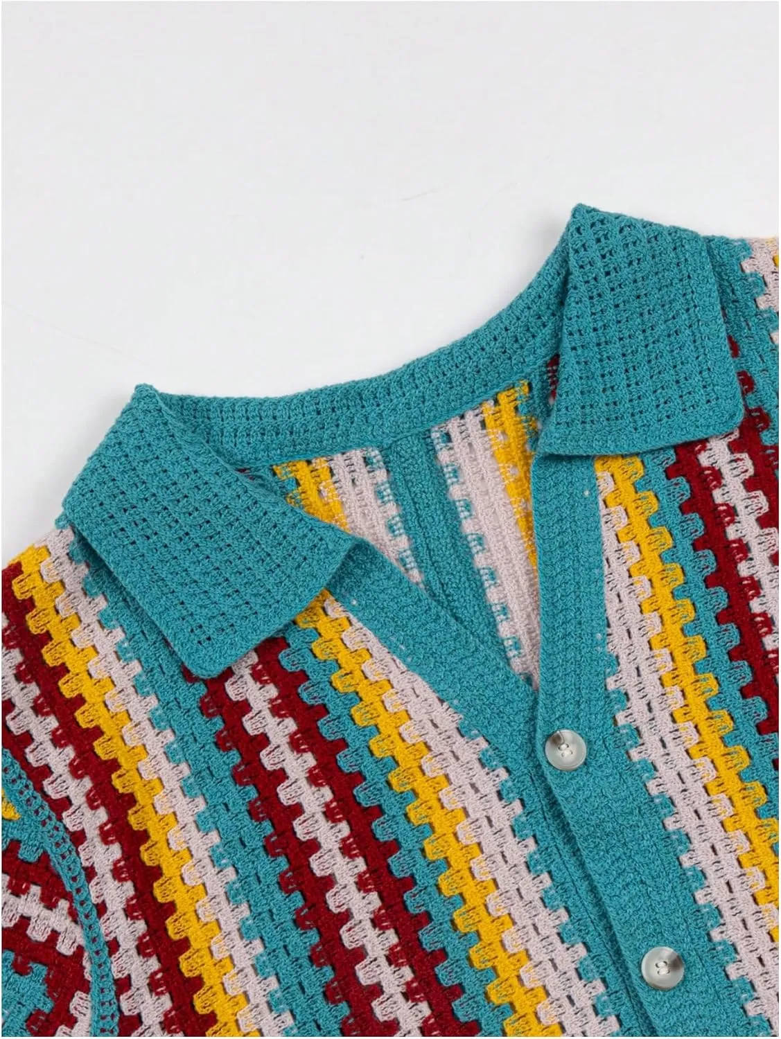 Men's Striped Knit Shirts Short Sleeve Button Down Shirt Crochet Hollow Out Summer Beach Top Vintage Vacation Wear