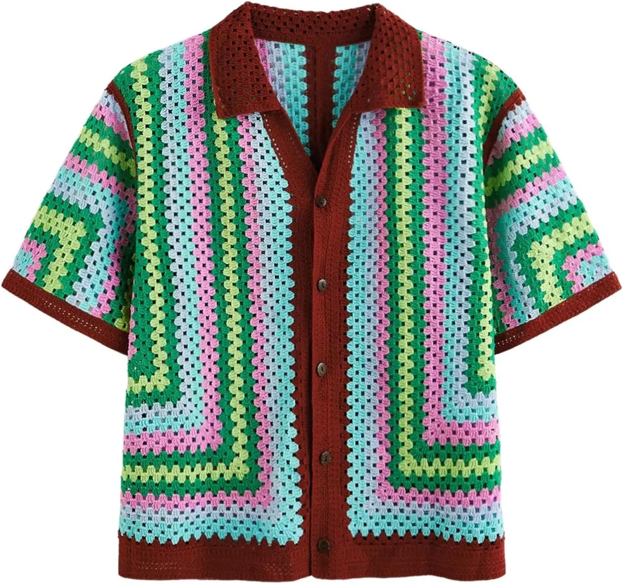 Men's Striped Knit Shirts Short Sleeve Button Down Shirt Crochet Hollow Out Summer Beach Top Vintage Vacation Wear