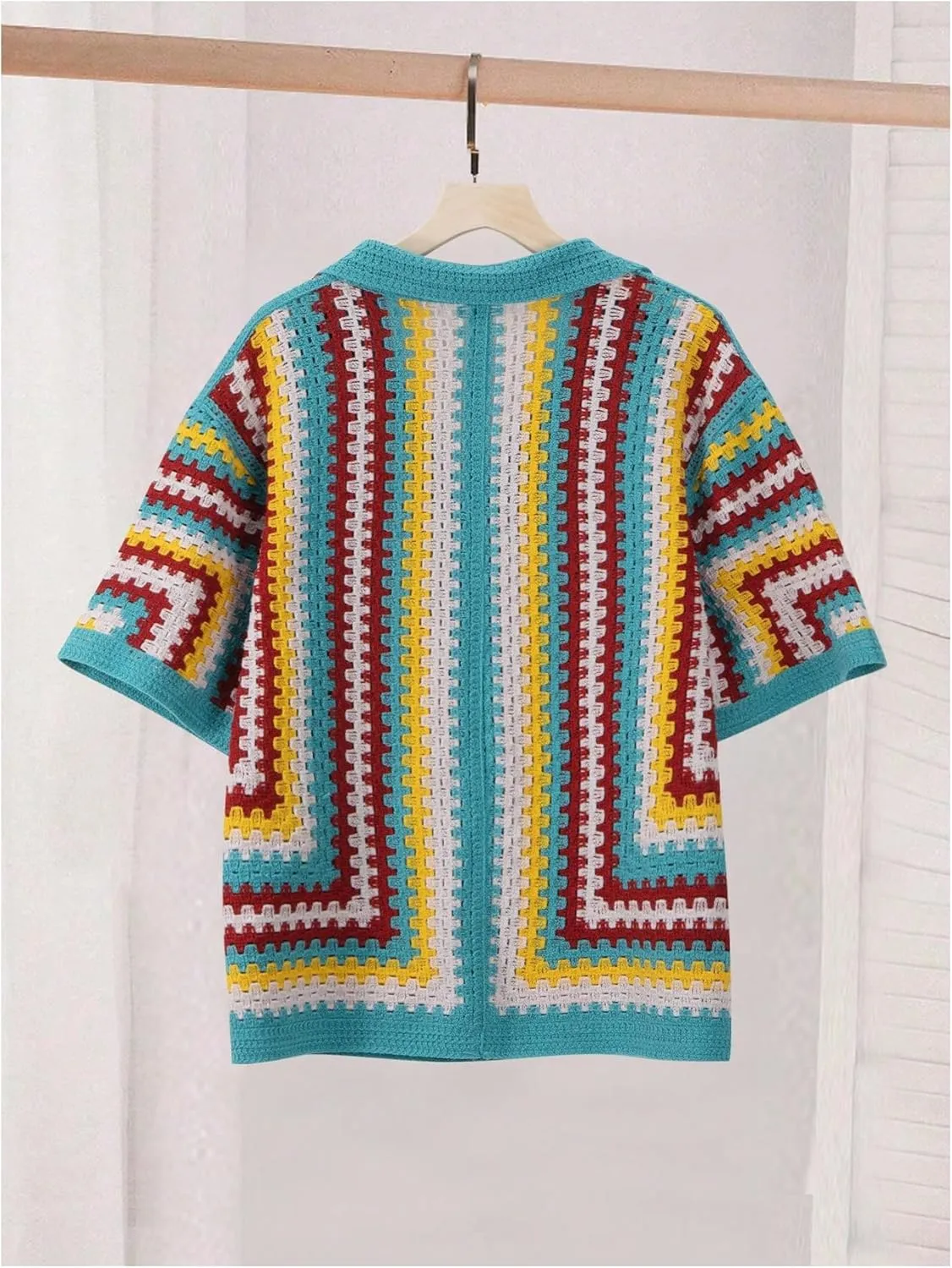 Men's Striped Knit Shirts Short Sleeve Button Down Shirt Crochet Hollow Out Summer Beach Top Vintage Vacation Wear
