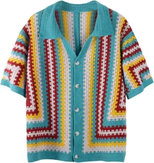 Men's Striped Knit Shirts Short Sleeve Button Down Shirt Crochet Hollow Out Summer Beach Top Vintage Vacation Wear