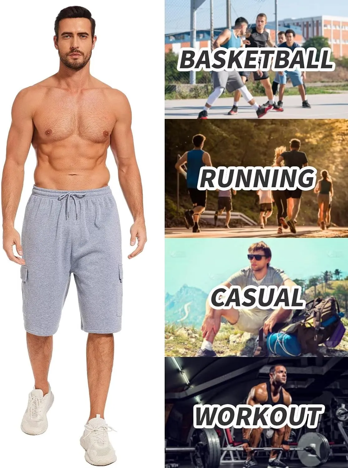 Mens Sweat Shorts with Cargo Pockets Athletic Fleece Short Pants Summer Outerwear