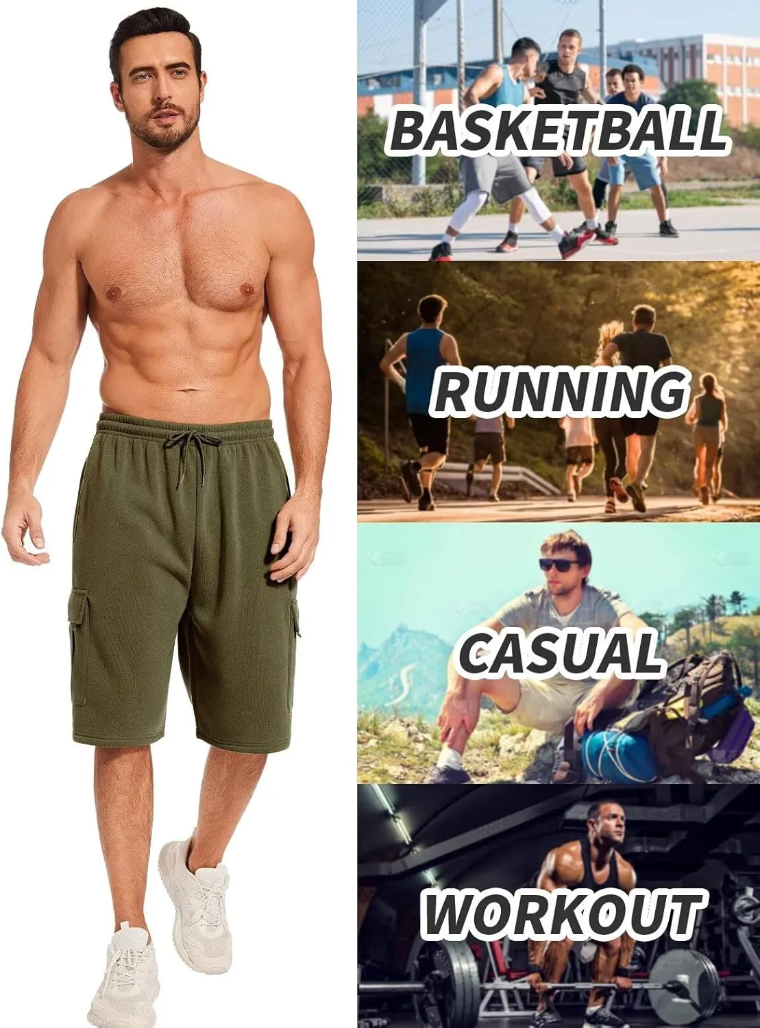 Mens Sweat Shorts with Cargo Pockets Athletic Fleece Short Pants Summer Outerwear