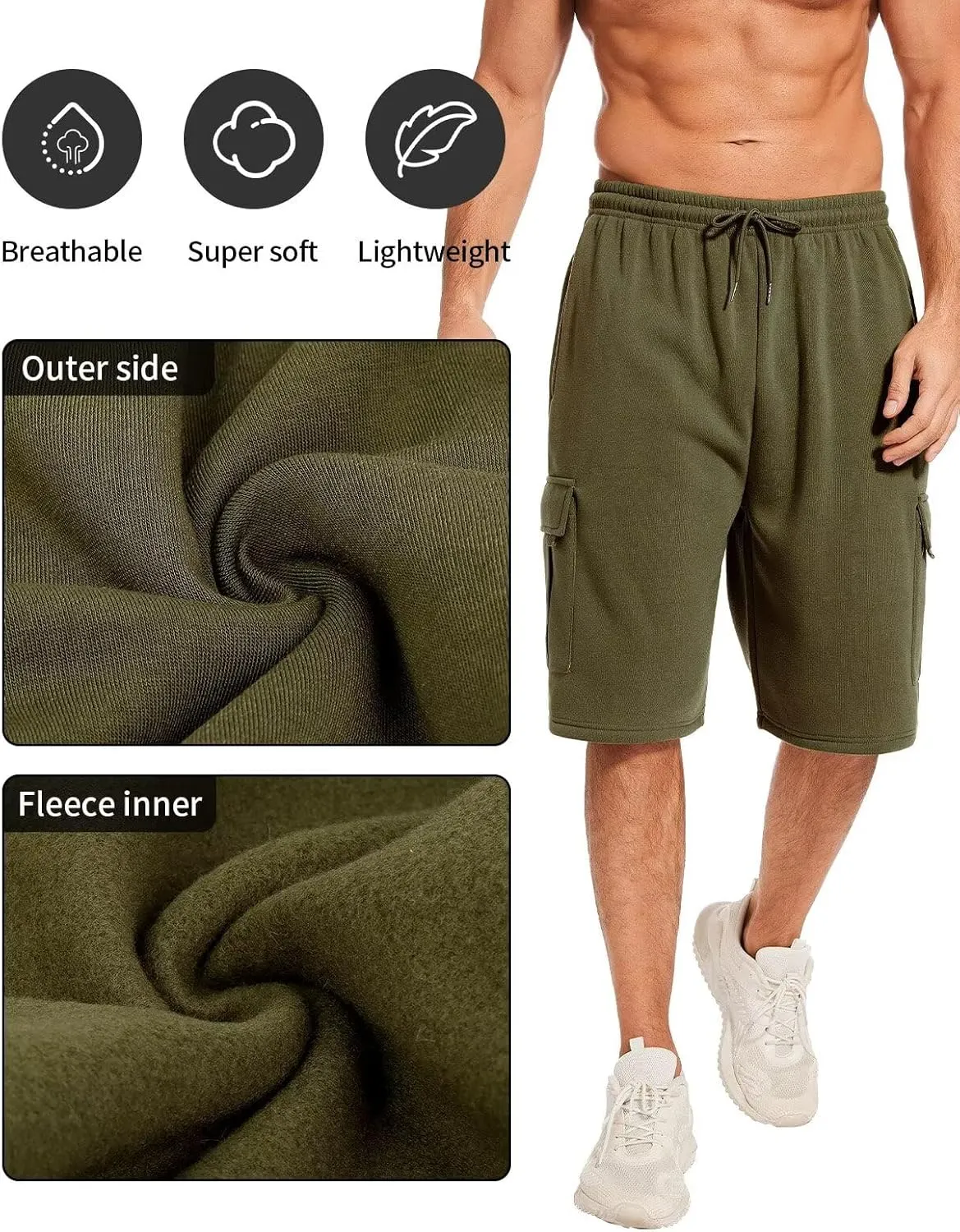 Mens Sweat Shorts with Cargo Pockets Athletic Fleece Short Pants Summer Outerwear