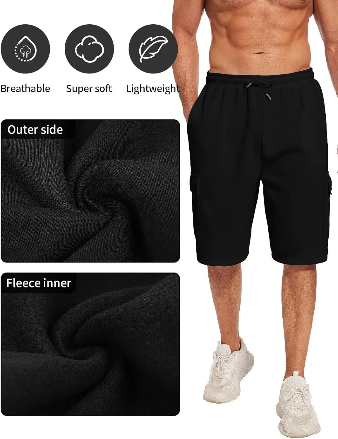 Mens Sweat Shorts with Cargo Pockets Athletic Fleece Short Pants Summer Outerwear