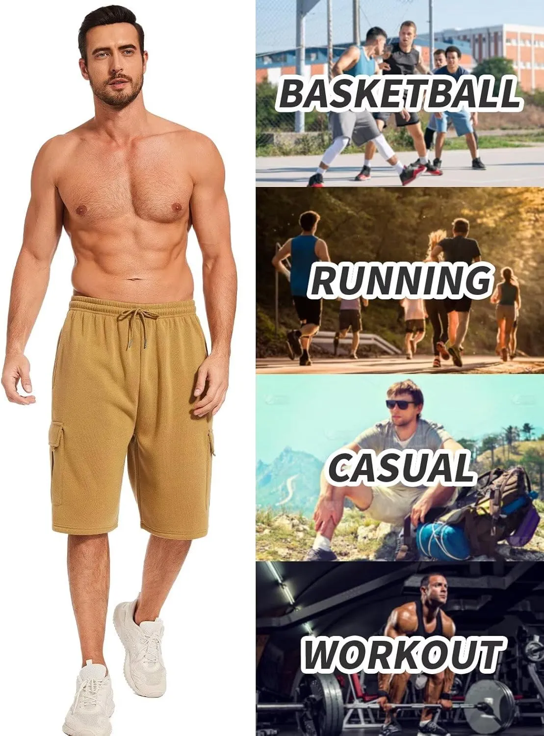 Mens Sweat Shorts with Cargo Pockets Athletic Fleece Short Pants Summer Outerwear