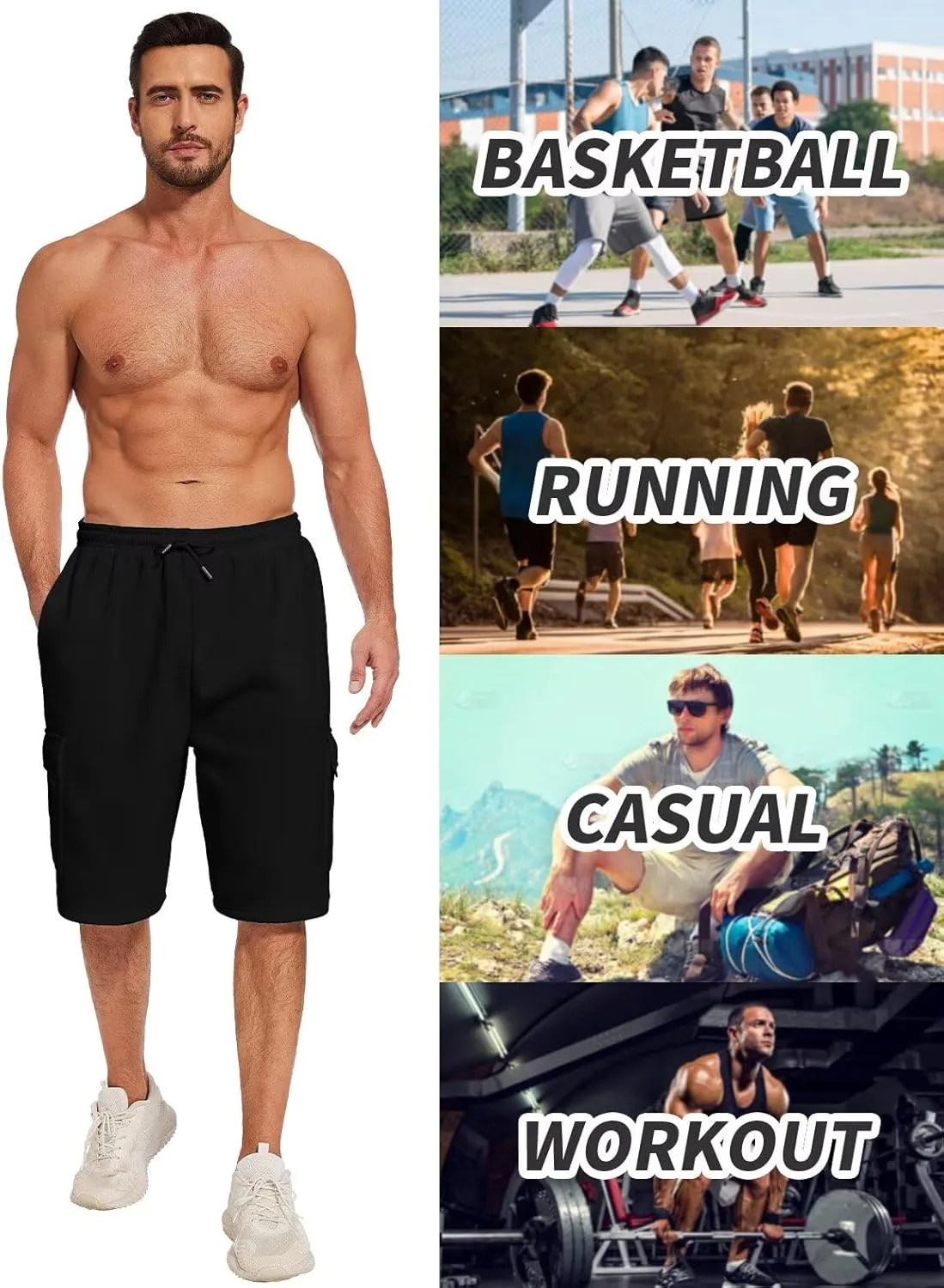 Mens Sweat Shorts with Cargo Pockets Athletic Fleece Short Pants Summer Outerwear