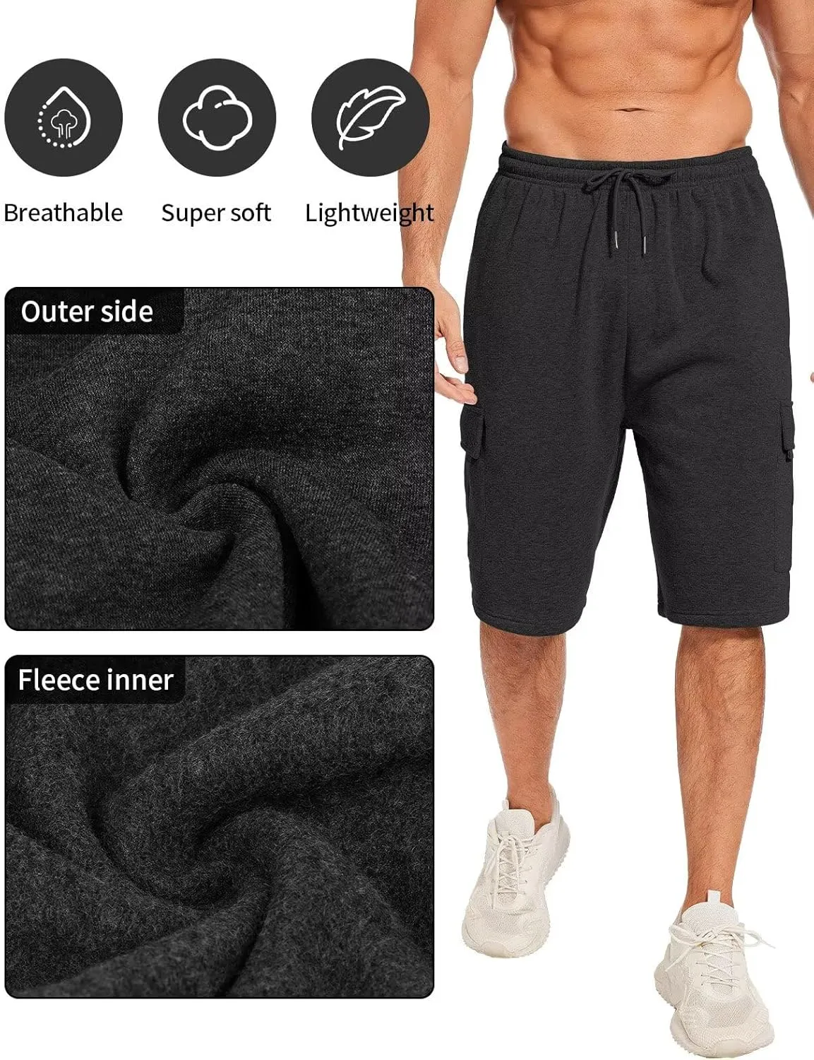Mens Sweat Shorts with Cargo Pockets Athletic Fleece Short Pants Summer Outerwear