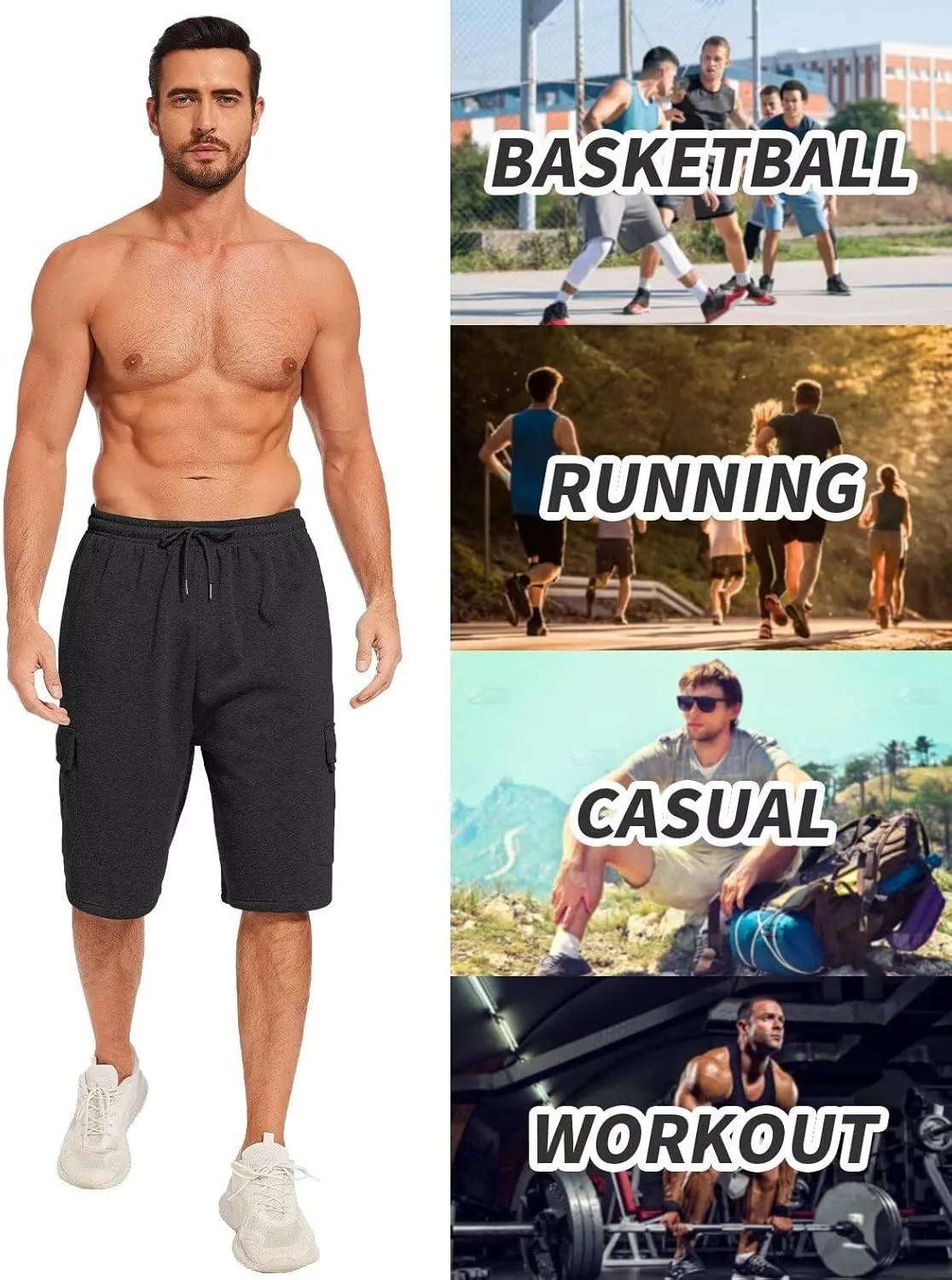 Mens Sweat Shorts with Cargo Pockets Athletic Fleece Short Pants Summer Outerwear