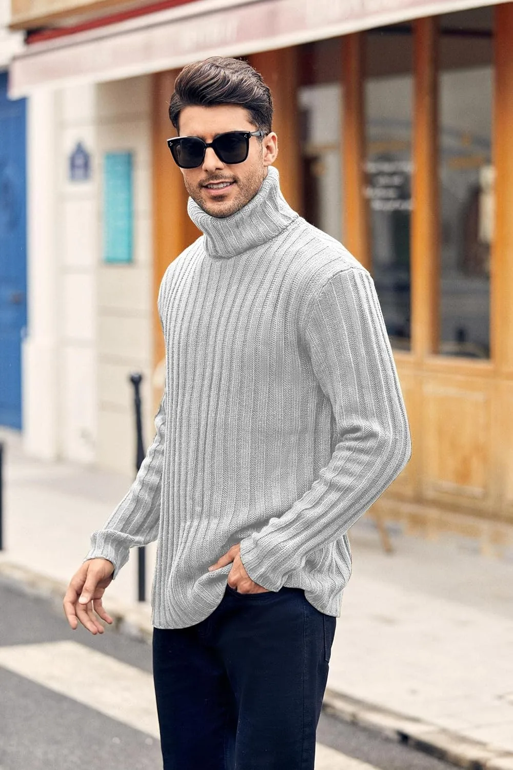Mens Sweaters Turtleneck Cable Knitted Pullover Long Sleeve Slim Fit Chunky Casual Fall Winter Warm Cardigans