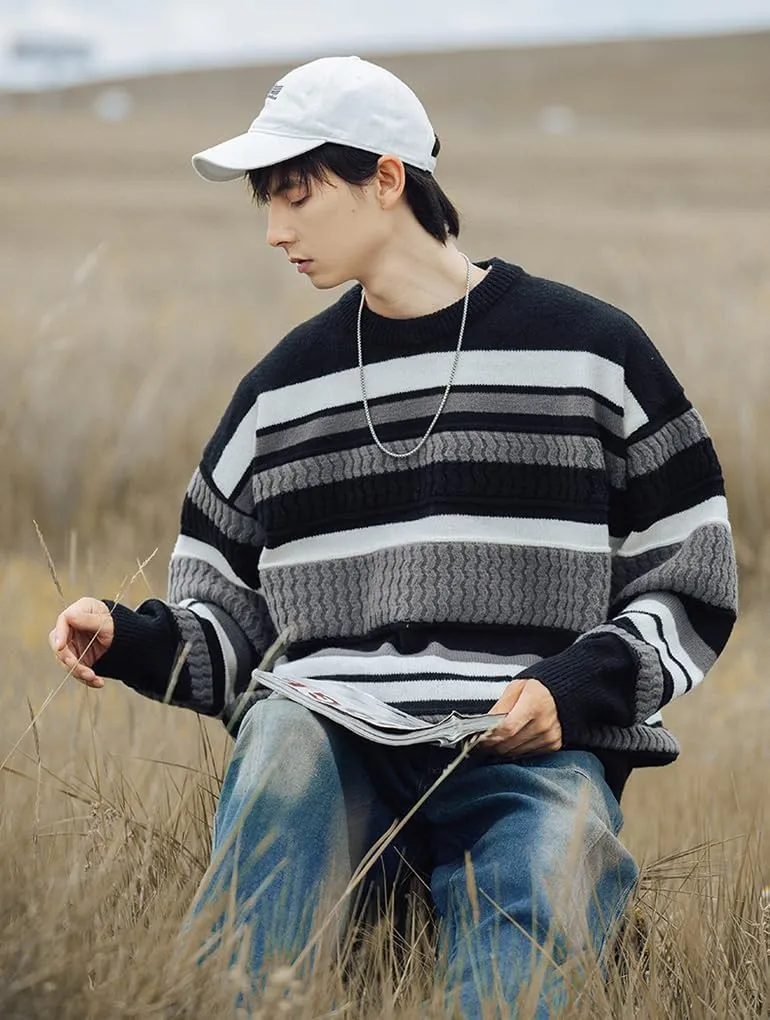 Mens Vintage Striped Sweater Pullover Sweaters Long Sleeve Crewneck Oversized Knitted Sweatshirt Fall Winter Tops