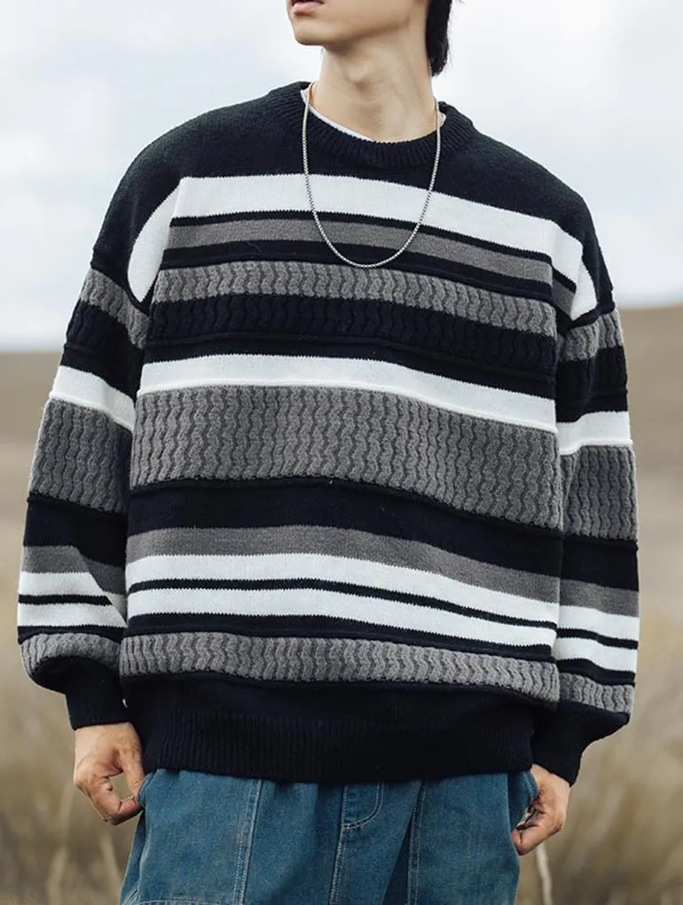 Mens Vintage Striped Sweater Pullover Sweaters Long Sleeve Crewneck Oversized Knitted Sweatshirt Fall Winter Tops