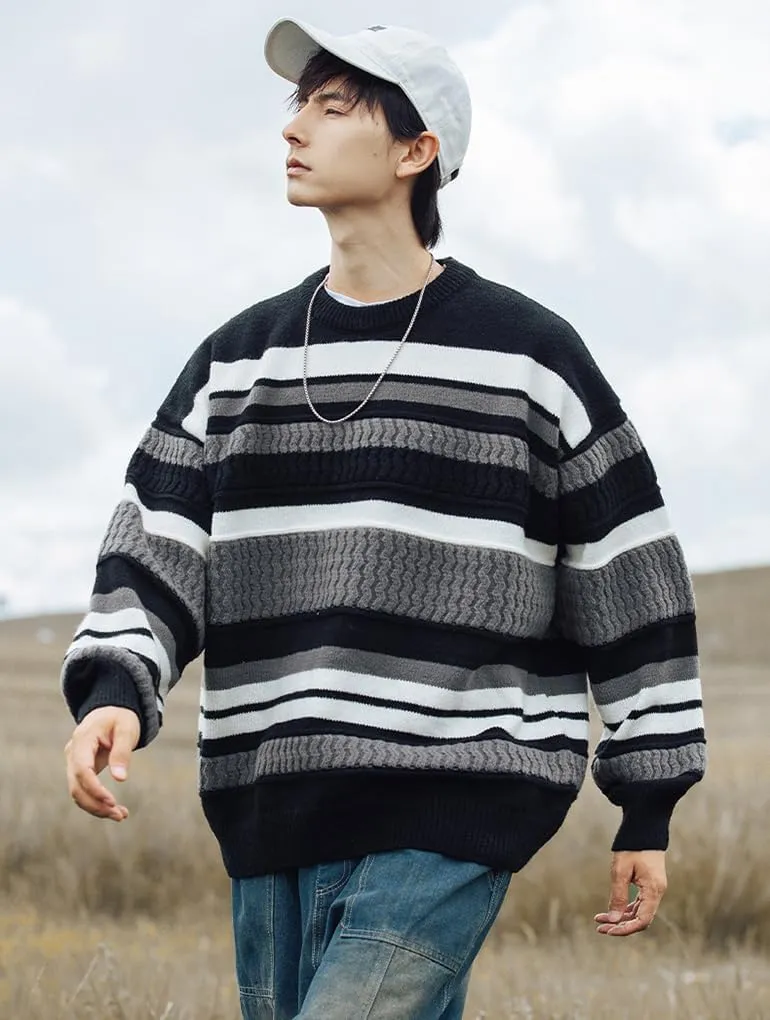 Mens Vintage Striped Sweater Pullover Sweaters Long Sleeve Crewneck Oversized Knitted Sweatshirt Fall Winter Tops