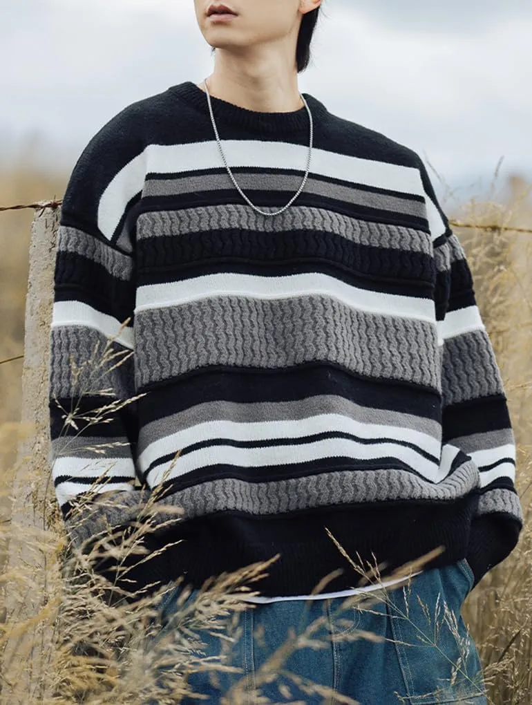 Mens Vintage Striped Sweater Pullover Sweaters Long Sleeve Crewneck Oversized Knitted Sweatshirt Fall Winter Tops
