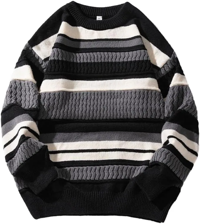 Mens Vintage Striped Sweater Pullover Sweaters Long Sleeve Crewneck Oversized Knitted Sweatshirt Fall Winter Tops