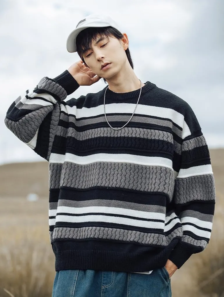 Mens Vintage Striped Sweater Pullover Sweaters Long Sleeve Crewneck Oversized Knitted Sweatshirt Fall Winter Tops