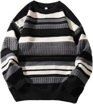 Mens Vintage Striped Sweater Pullover Sweaters Long Sleeve Crewneck Oversized Knitted Sweatshirt Fall Winter Tops