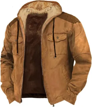 Men's Winter Fleece Lined Jacket Casual Cotton Military Cargo Jackets Thicken Warm Hooded Parka Outwear with Pockets