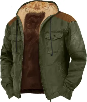 Men's Winter Fleece Lined Jacket Casual Cotton Military Cargo Jackets Thicken Warm Hooded Parka Outwear with Pockets