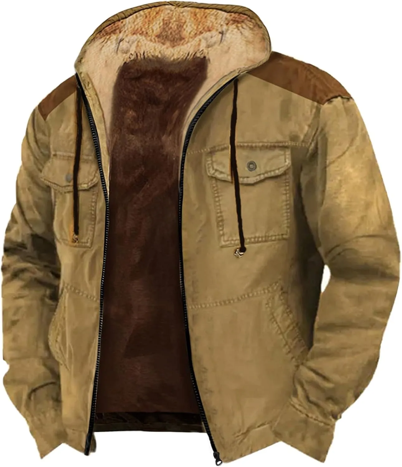 Men's Winter Fleece Lined Jacket Casual Cotton Military Cargo Jackets Thicken Warm Hooded Parka Outwear with Pockets