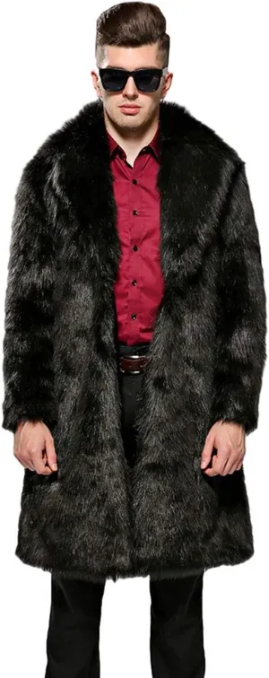 Mens Winter Warm Leopard Faux Fur Long Length Luxury Outerwear Coat Jacket