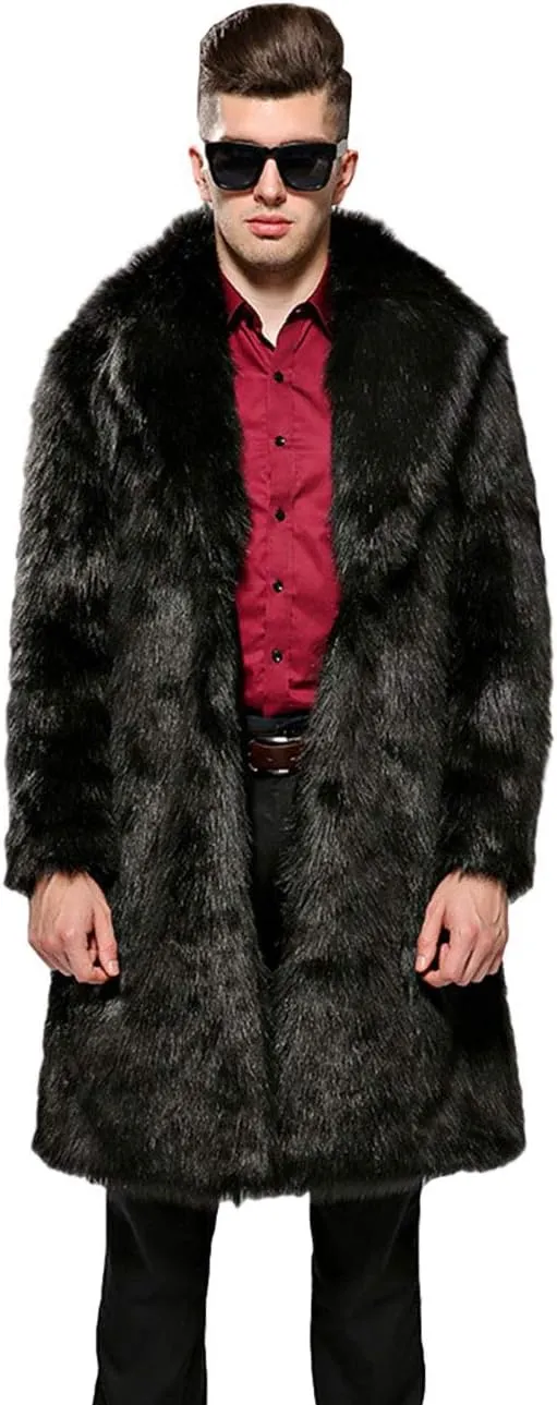 Mens Winter Warm Leopard Faux Fur Long Length Luxury Outerwear Coat Jacket