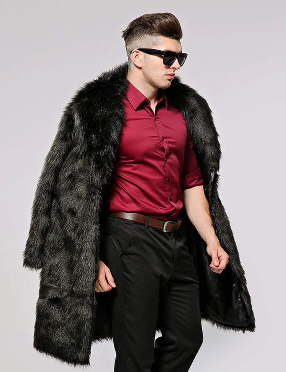 Mens Winter Warm Leopard Faux Fur Long Length Luxury Outerwear Coat Jacket