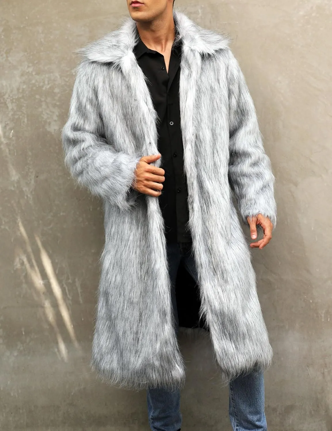 Mens Winter Warm Leopard Faux Fur Long Length Luxury Outerwear Coat Jacket