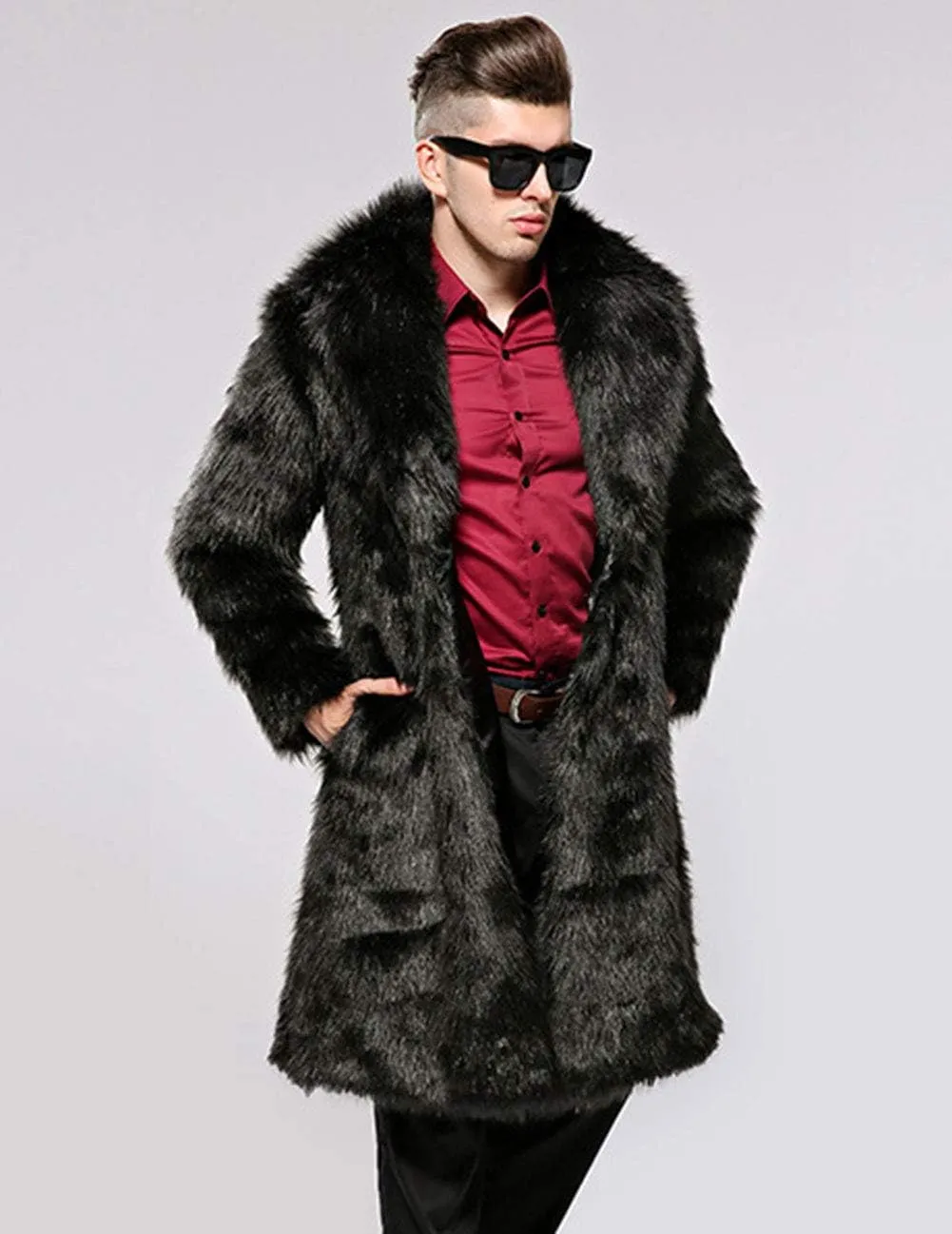 Mens Winter Warm Leopard Faux Fur Long Length Luxury Outerwear Coat Jacket