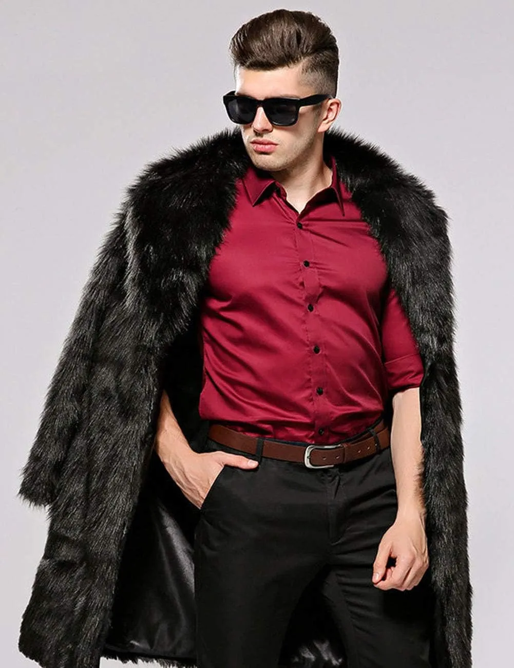 Mens Winter Warm Leopard Faux Fur Long Length Luxury Outerwear Coat Jacket