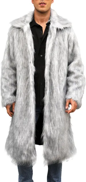 Mens Winter Warm Leopard Faux Fur Long Length Luxury Outerwear Coat Jacket